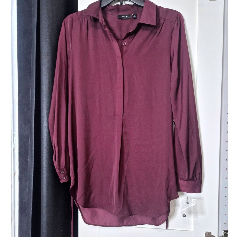 Apt 9 Womens Burgundy Long Sleeve Hidden Button Down Blouse Back Tie Tunic S